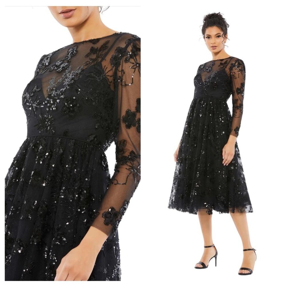 NWT MAC DUGGAL 67951 Black Embellished Illusion Long Sleeve Midi Dress Women’s